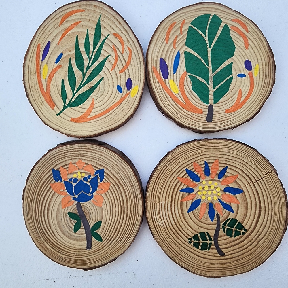 Handcrafted Wooden Coasters with Floral Design